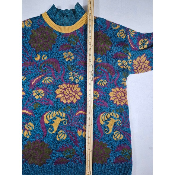 Vintage Elsa Phillips Teal Floral Paisley Mock Neck Knit Sweater Made in USA 402 - Picture 4 of 7